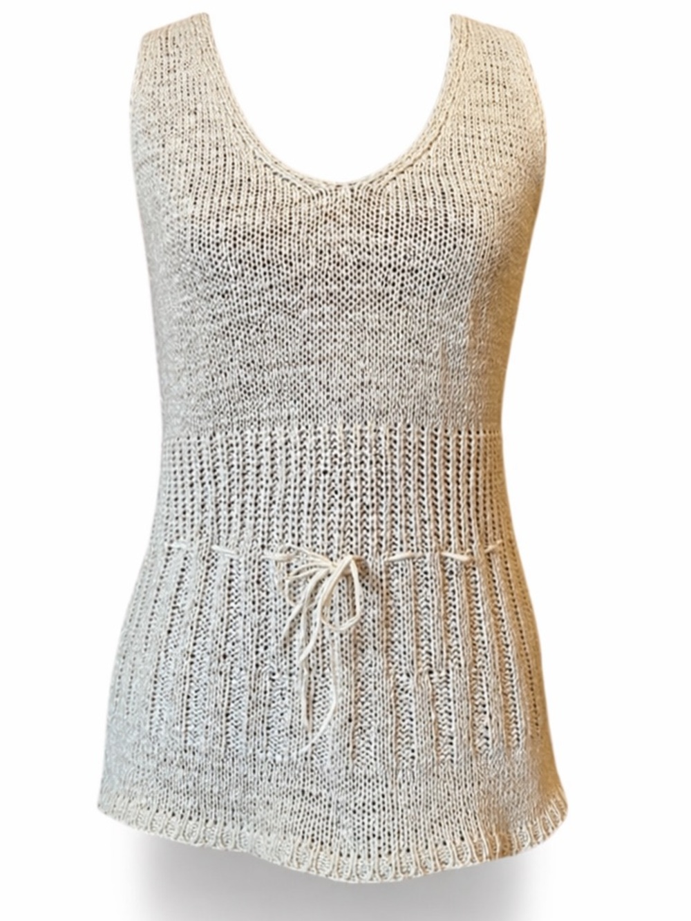 Max Studio Cream Knit Sleeveless V-Neck Top, drawstring waste, space-dye knit.